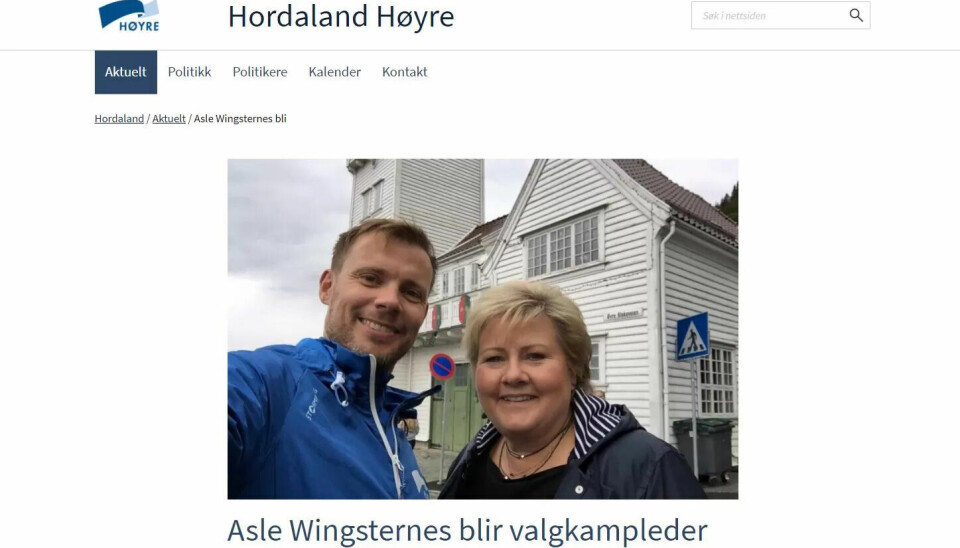 MED ERNA: Asle Wingsternes sammen med statsminister Erna Solberg. Skjermdumpen er fra Høyre sine hjemmesider da de annonserte at Wingsternes ble valgkampsjef for Bergen Høyre i 2016. MED ERNA: Asle Wingsternes sammen med statsminister Erna Solberg. Skjermdumpen er fra Høyre sine hjemmesider da de annonserte at Wingsternes ble valgkampsjef for Bergen Høyre i 2016.
