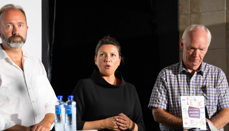 Trond Giske fra Arbeiderpartiet, Heidi Nordby Lunde fra Høyre og Per Olaf Lundteigen fra Senterpartiet stilte i politikerpanelet under lanseringen av boka «Løsarbeidersamfunnet». Trond Giske fra Arbeiderpartiet, Heidi Nordby Lunde fra Høyre og Per Olaf Lundteigen fra Senterpartiet stilte i politikerpanelet under lanseringen av boka «Løsarbeidersamfunnet».