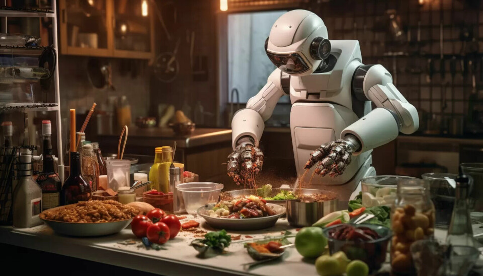 Sånn kan det se ut når en robot-kokk lager digg mat, ser bildegeneratoren Midjourney for seg. Men det kan godt tenkes at mennesker vil foretrekke en menneskelig kokk. Framtiden er vanskelig å spå, påpeker Jim Tørresen. Sånn kan det se ut når en robot-kokk lager digg mat, ser bildegeneratoren Midjourney for seg. Men det kan godt tenkes at mennesker vil foretrekke en menneskelig kokk. Framtiden er vanskelig å spå, påpeker Jim Tørresen.