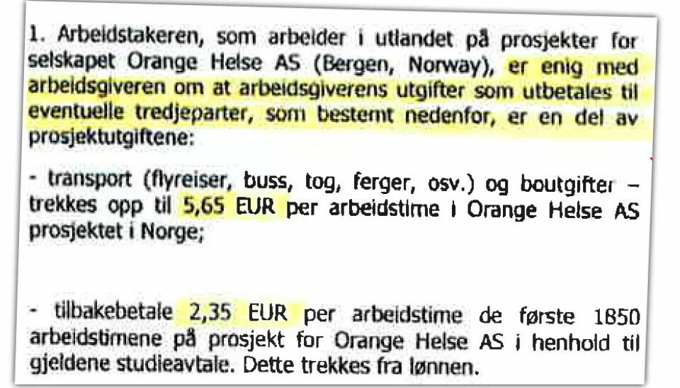 Så mye kunne Orange trekke fra lønna. Faksimile av vedlegg til arbeidskontrakten mellom bemanningsbyrået Orange Group Baltic og sykepleierne. Så mye kunne Orange trekke fra lønna. Faksimile av vedlegg til arbeidskontrakten mellom bemanningsbyrået Orange Group Baltic og sykepleierne.