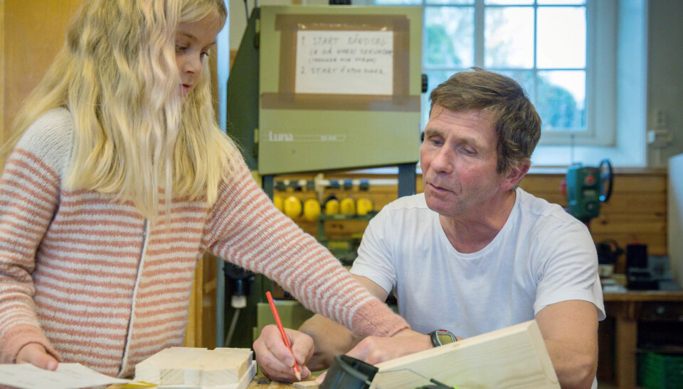 FUGLEKASSE: Her hjelper SFO-ansatt Jostein Fredheim elev Liv med å fikse vegger til en fuglekasse. De er på sløydrommet på Midtun skole. FUGLEKASSE: Her hjelper SFO-ansatt Jostein Fredheim elev Liv med å fikse vegger til en fuglekasse. De er på sløydrommet på Midtun skole.