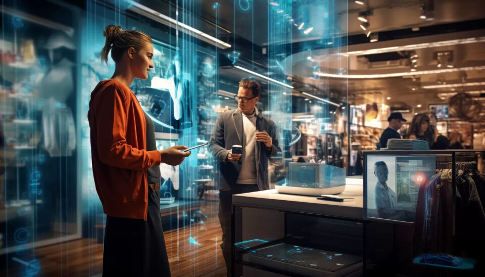 BERGEN-BUTIKK? 'Mennesker som jobber i handelsbransjen som bruker kunstig intelligens i år 2030 i Bergen i Norge', skrev vi, og da foreslo Midjourney blant annet dette. Bildet er datagenerert. BERGEN-BUTIKK? 'Mennesker som jobber i handelsbransjen som bruker kunstig intelligens i år 2030 i Bergen i Norge', skrev vi, og da foreslo Midjourney blant annet dette. Bildet er datagenerert.