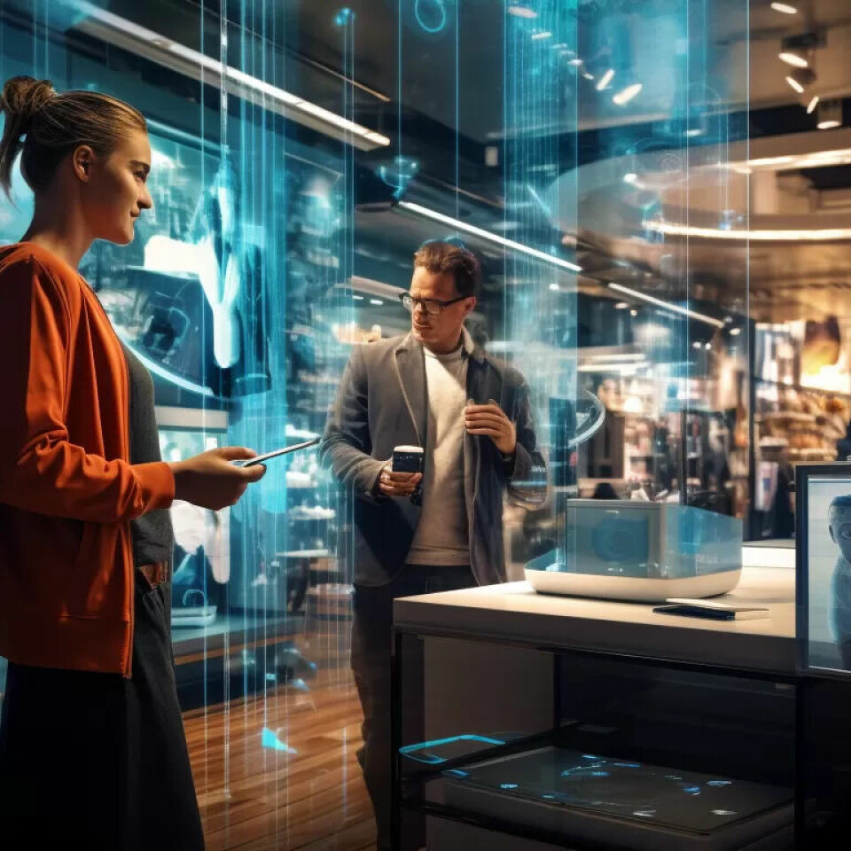 BERGEN-BUTIKK? 'Mennesker som jobber i handelsbransjen som bruker kunstig intelligens i år 2030 i Bergen i Norge', skrev vi, og da foreslo Midjourney blant annet dette. Bildet er datagenerert. BERGEN-BUTIKK? 'Mennesker som jobber i handelsbransjen som bruker kunstig intelligens i år 2030 i Bergen i Norge', skrev vi, og da foreslo Midjourney blant annet dette. Bildet er datagenerert.