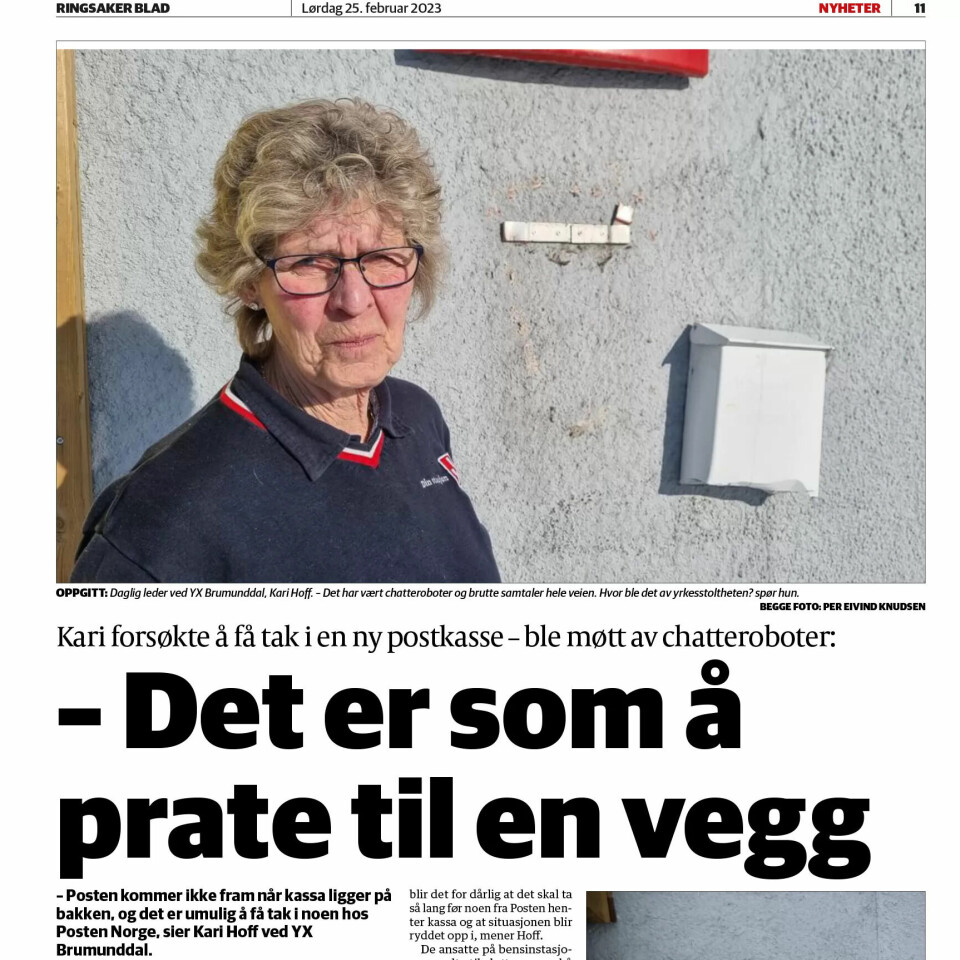 Chatbot-en var ikke til hjelp for Kari Hoff i Brummundal. – Nei, man får jo ikke svar. Det er som å snakke til en vegg, sier hun til Ringsaker Blad. (skjermdump) Chatbot-en var ikke til hjelp for Kari Hoff i Brummundal. – Nei, man får jo ikke svar. Det er som å snakke til en vegg, sier hun til Ringsaker Blad. (skjermdump)