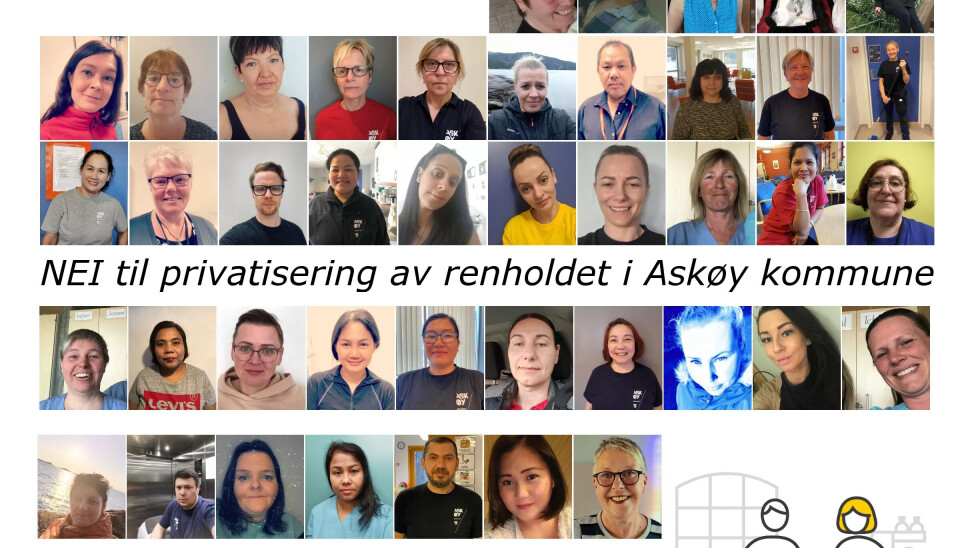 DE DET GJELDER: Fagforbundet Askøy laget en plakat med bilder av renholderne som skulle på anbud. - Det berører sterkere når folk får se at det er naboen. DE DET GJELDER: Fagforbundet Askøy laget en plakat med bilder av renholderne som skulle på anbud. - Det berører sterkere når folk får se at det er naboen.