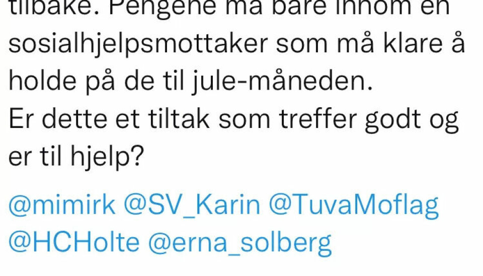 Elisabeth Thoresen, leder i AAP-aksjonen, sendte ut denne Twitter-meldinga. Elisabeth Thoresen, leder i AAP-aksjonen, sendte ut denne Twitter-meldinga.