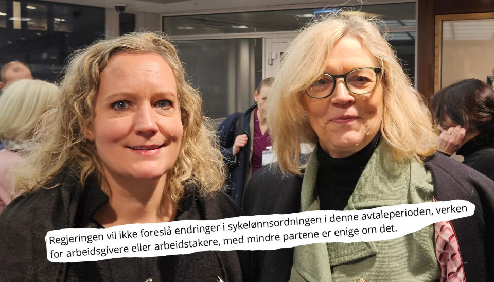 LOs Tone Faugli og NHOs Nina Melsom er enige om det meste i IA-avtalen. Det de er uenige om, er formuleringen om regjeringen skal ha anledning til å endre sykelønnsordningen. LOs Tone Faugli og NHOs Nina Melsom er enige om det meste i IA-avtalen. Det de er uenige om, er formuleringen om regjeringen skal ha anledning til å endre sykelønnsordningen.