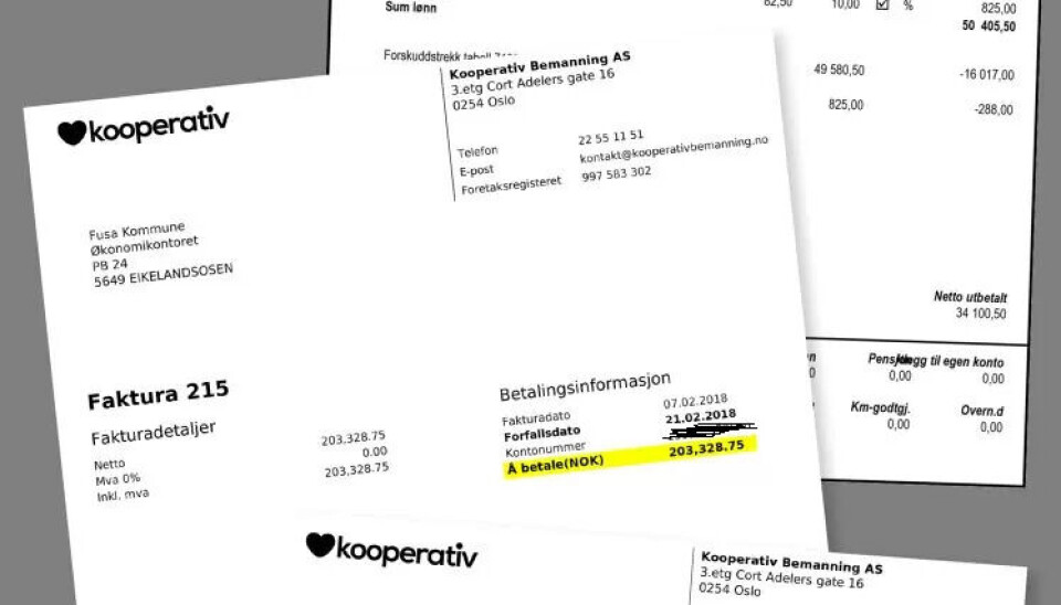 KOMMUNEN BETALER: Faktura og lønnsutbetaling fra Kooperativ Bemanning i 2018. KOMMUNEN BETALER: Faktura og lønnsutbetaling fra Kooperativ Bemanning i 2018.