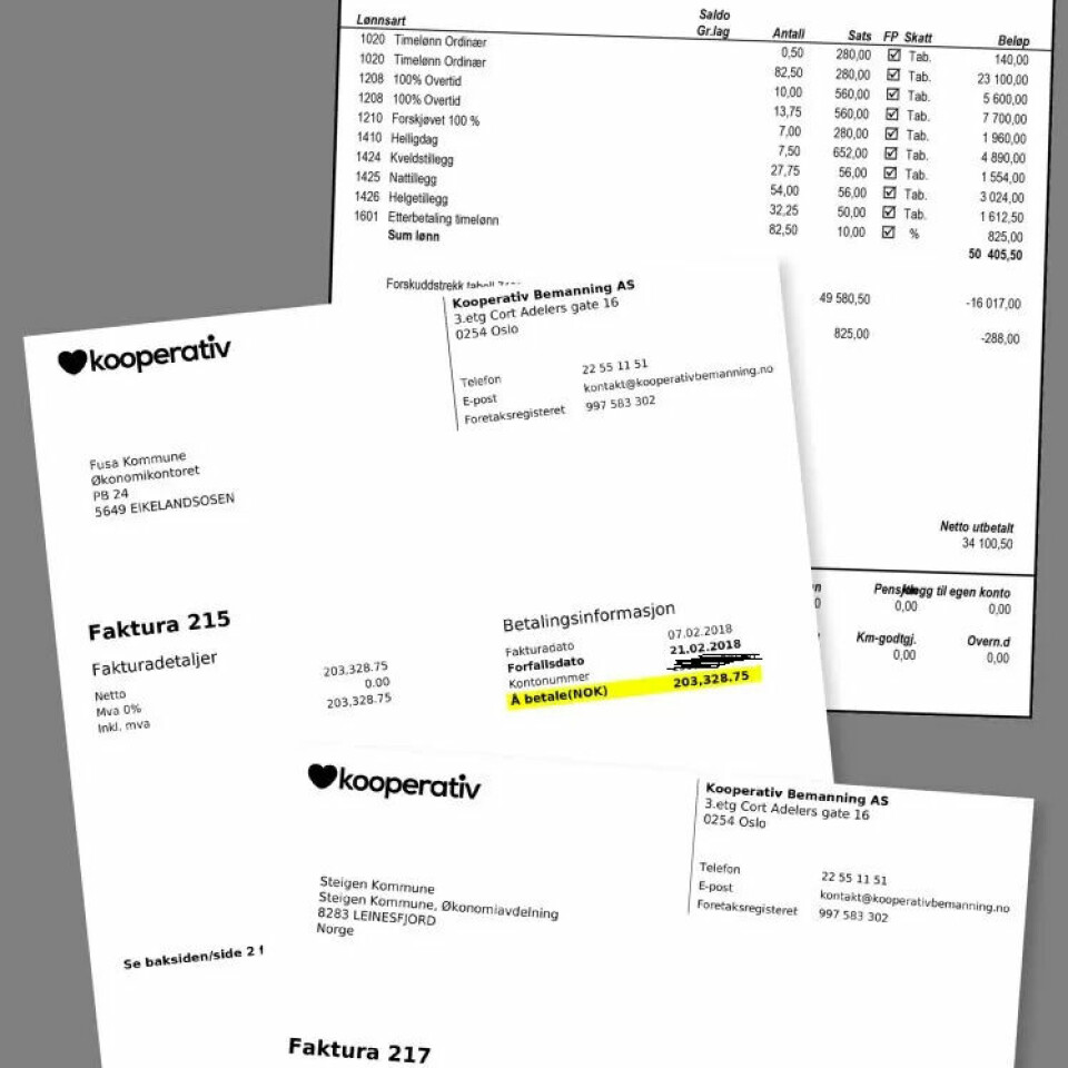 KOMMUNEN BETALER: Faktura og lønnsutbetaling fra Kooperativ Bemanning i 2018. KOMMUNEN BETALER: Faktura og lønnsutbetaling fra Kooperativ Bemanning i 2018.