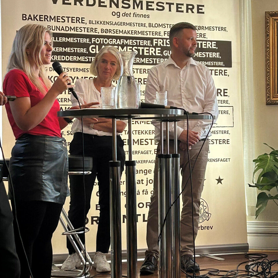 TRENDY Å VELGE YRKESVAG: Jeanett Romsloe fra Fagforbundet Ung, Marianne W. Røiseland, adm. dir i RørNorge og Tormund Hansen Skinnarmo fra Mesterbrevnemda var i panelet som diskuterte yrkesfag. TRENDY Å VELGE YRKESVAG: Jeanett Romsloe fra Fagforbundet Ung, Marianne W. Røiseland, adm. dir i RørNorge og Tormund Hansen Skinnarmo fra Mesterbrevnemda var i panelet som diskuterte yrkesfag.