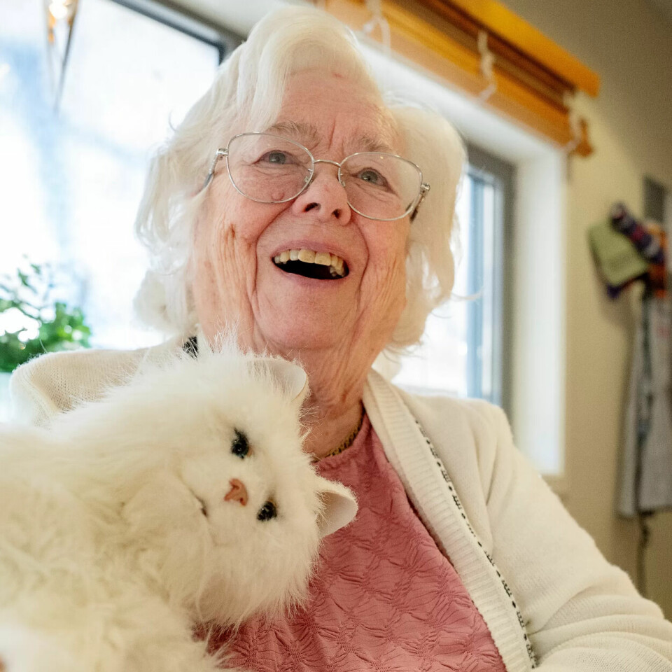 Kunstig: Bjørg Ferstad (85) liker godt robotkatten på sykehjemmet som maler og mjauer. Men hun liker også godt hunden Lucky som kommer på besøk i avdelingen. Kunstig: Bjørg Ferstad (85) liker godt robotkatten på sykehjemmet som maler og mjauer. Men hun liker også godt hunden Lucky som kommer på besøk i avdelingen.