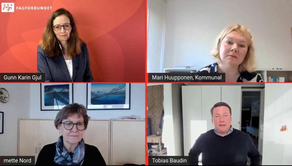 Denne uken møttes lederne for de to største fagforbundene i henholdsvis Norge og Sverige for å diskutere lærdommen av ett år med korona. Gunn Karin Gjul fra Fagforbundet var ordstyrer mens Mari Huupponen fra Kommunal presenterte rapporten som tyder på at sykehjem med lavere bemanning og flere timelønnede blir mer rammet av koronaviruset. Denne uken møttes lederne for de to største fagforbundene i henholdsvis Norge og Sverige for å diskutere lærdommen av ett år med korona. Gunn Karin Gjul fra Fagforbundet var ordstyrer mens Mari Huupponen fra Kommunal presenterte rapporten som tyder på at sykehjem med lavere bemanning og flere timelønnede blir mer rammet av koronaviruset.