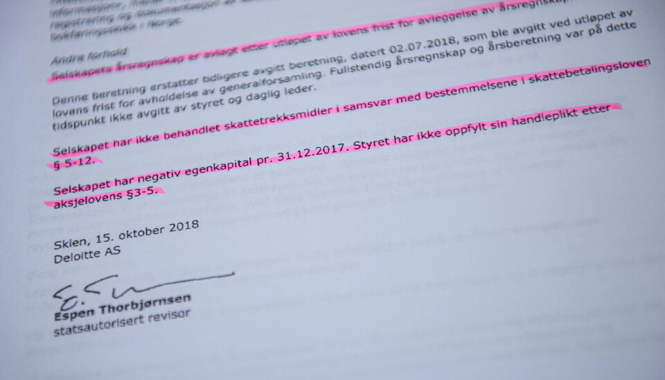 LOVBRUDD: Revisor har påpekt at Kim Richard Larsen ikke har oppfylt sine plikter etter aksjeloven, skattebetalingsloven og regnskapsloven. LOVBRUDD: Revisor har påpekt at Kim Richard Larsen ikke har oppfylt sine plikter etter aksjeloven, skattebetalingsloven og regnskapsloven.