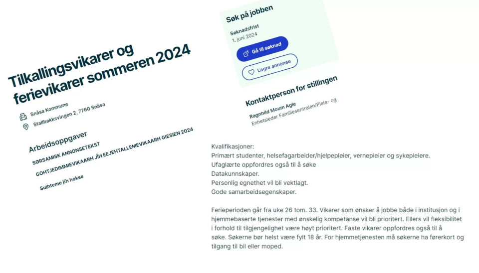 REKRUTTERER: Slik ser deler av annonsen ut. Her søker Snåsa kommune etter sommervikarer. Håpet er at de skal slippe å bruke rekrutteringsbrå, ved å være tidlig ute. REKRUTTERER: Slik ser deler av annonsen ut. Her søker Snåsa kommune etter sommervikarer. Håpet er at de skal slippe å bruke rekrutteringsbrå, ved å være tidlig ute.