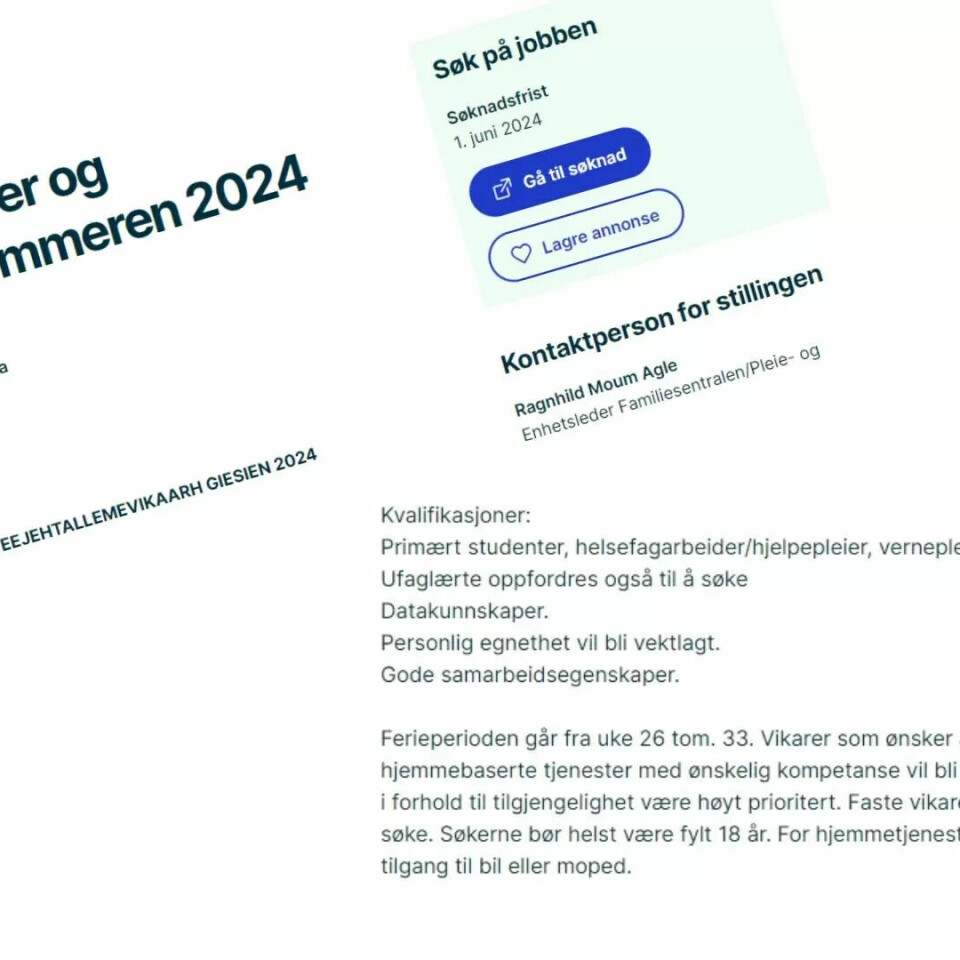 REKRUTTERER: Slik ser deler av annonsen ut. Her søker Snåsa kommune etter sommervikarer. Håpet er at de skal slippe å bruke rekrutteringsbrå, ved å være tidlig ute. REKRUTTERER: Slik ser deler av annonsen ut. Her søker Snåsa kommune etter sommervikarer. Håpet er at de skal slippe å bruke rekrutteringsbrå, ved å være tidlig ute.
