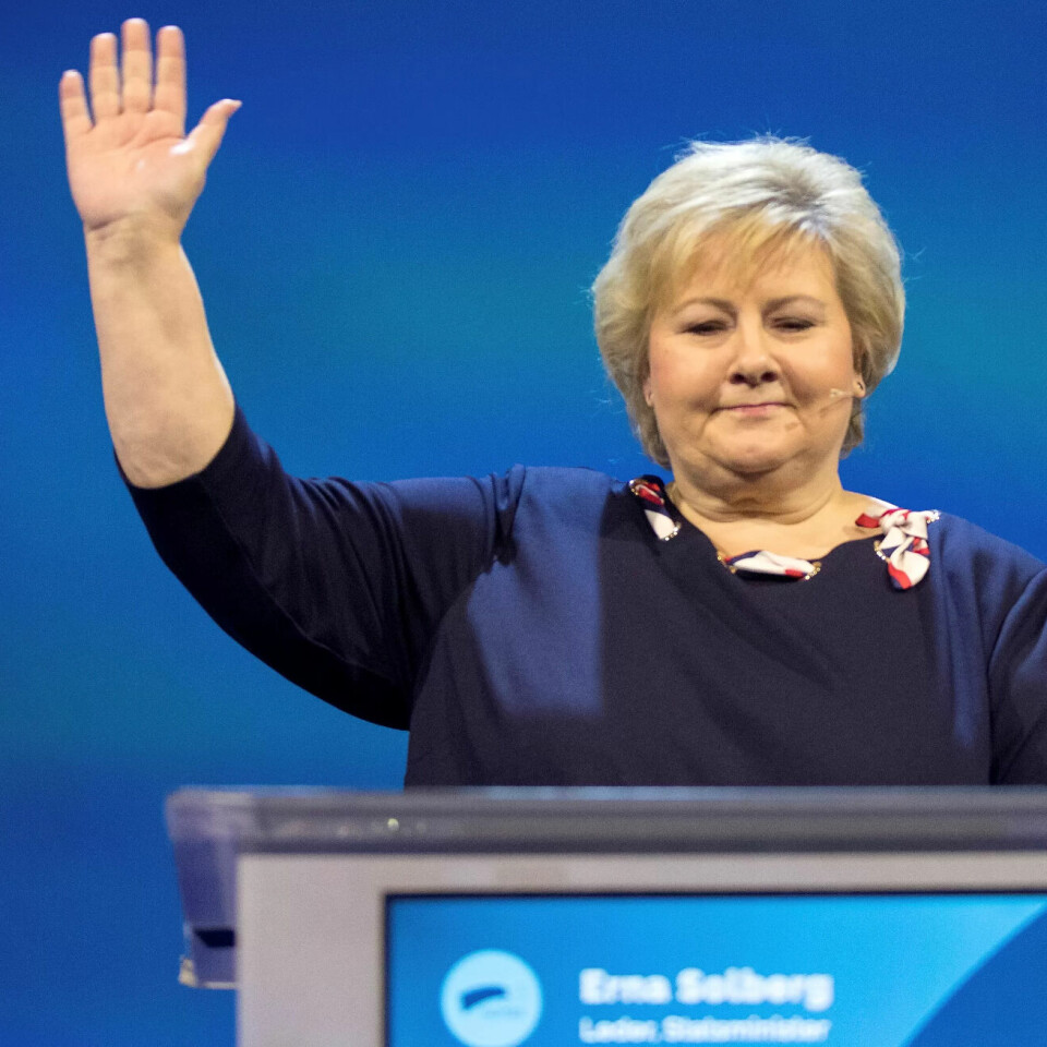 Statsminister Erna Solberg på talerstolen under Høyres landsmøte på Gardermoen fredag ettermiddag. Statsminister Erna Solberg på talerstolen under Høyres landsmøte på Gardermoen fredag ettermiddag.