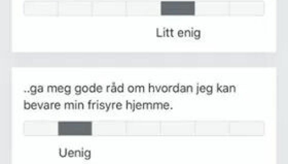 FORNØYD?: Slik kan appen se ut for frisørkunden som sender tilbakemelding. Hvis frisøren for eksempel ikke har solgt hårvask eller gitt tilfredstillende råd og informert godt nok om pris og produkter, så faller ratingen rett i bunn FORNØYD?: Slik kan appen se ut for frisørkunden som sender tilbakemelding. Hvis frisøren for eksempel ikke har solgt hårvask eller gitt tilfredstillende råd og informert godt nok om pris og produkter, så faller ratingen rett i bunn
