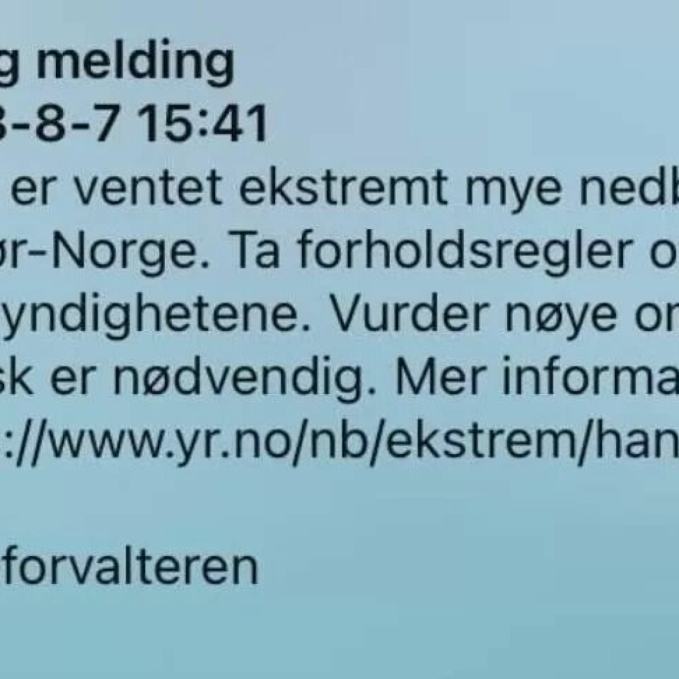 OBLIGATORISK: Har du ein nyare mobil og er ein plass med 4 eller 5 G-nett, får du nødvarsel om det skjer noko. Norske myndigheiter har bestemt at det ikkje er råd å skru av varslinga for alvorlege hendingar. OBLIGATORISK: Har du ein nyare mobil og er ein plass med 4 eller 5 G-nett, får du nødvarsel om det skjer noko. Norske myndigheiter har bestemt at det ikkje er råd å skru av varslinga for alvorlege hendingar.