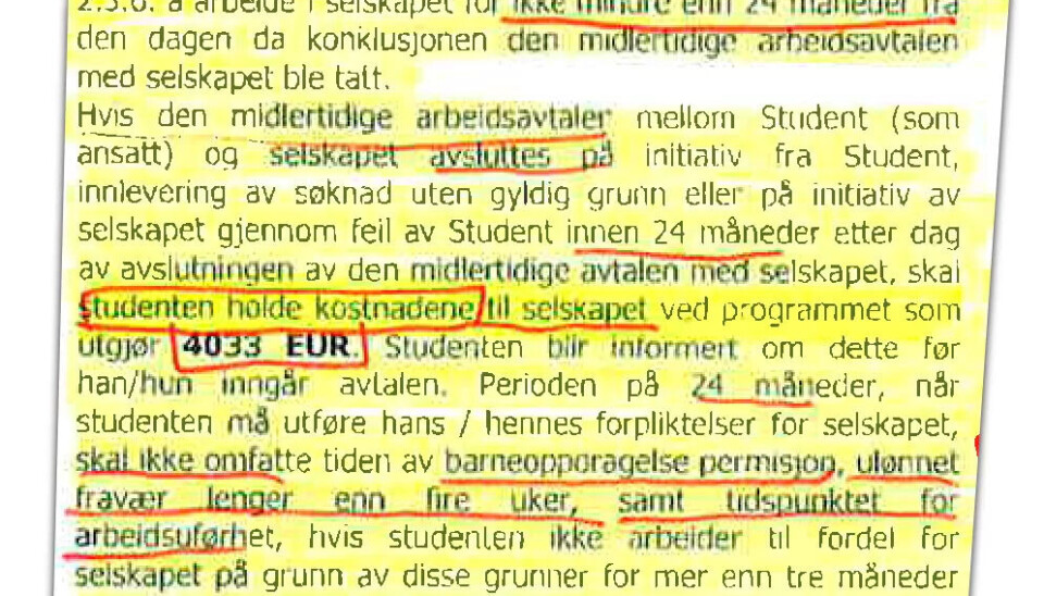 Faksimile av studieavtalen med den Orange-eide språkskolen som viser gjelda på 4033 Euro. Faksimile av studieavtalen med den Orange-eide språkskolen som viser gjelda på 4033 Euro.