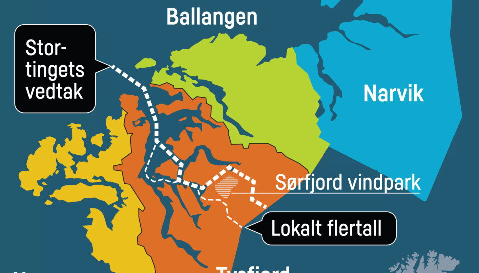 NOEN FÅ VERDIFULLE MÅL: Grensen mellom Nye Narvik og Nye Hamarøy kommer til å dele Tysfjord kommune i to. Det er bare noen hundre meter som skiller grensen Stortinget har satt (tykk stiplet linje) og den lokale myndigheter vil ha (tynn stiplet linje). Men akkurat denne landejorden er ekstremt verdifull. Hvor grensen går, avgjør hvilken av kommunene som stikker av med millioninntektene fra Sørfjord vindpark, som skal bygges akkurat her. NOEN FÅ VERDIFULLE MÅL: Grensen mellom Nye Narvik og Nye Hamarøy kommer til å dele Tysfjord kommune i to. Det er bare noen hundre meter som skiller grensen Stortinget har satt (tykk stiplet linje) og den lokale myndigheter vil ha (tynn stiplet linje). Men akkurat denne landejorden er ekstremt verdifull. Hvor grensen går, avgjør hvilken av kommunene som stikker av med millioninntektene fra Sørfjord vindpark, som skal bygges akkurat her.
