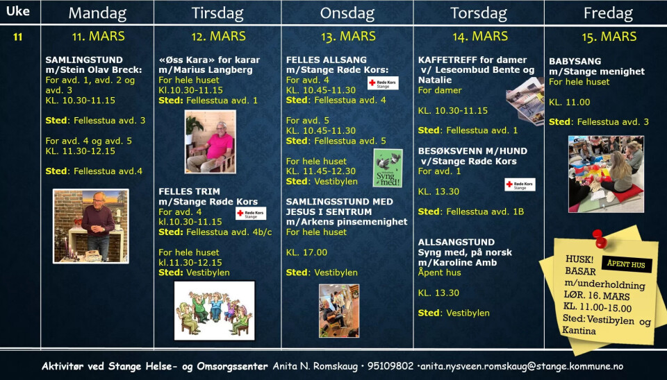 MANGFOLD: Aktiviteter en uke i mars. MANGFOLD: Aktiviteter en uke i mars.