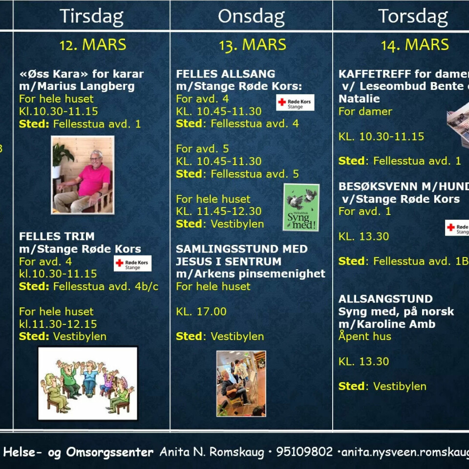 MANGFOLD: Aktiviteter en uke i mars. MANGFOLD: Aktiviteter en uke i mars.
