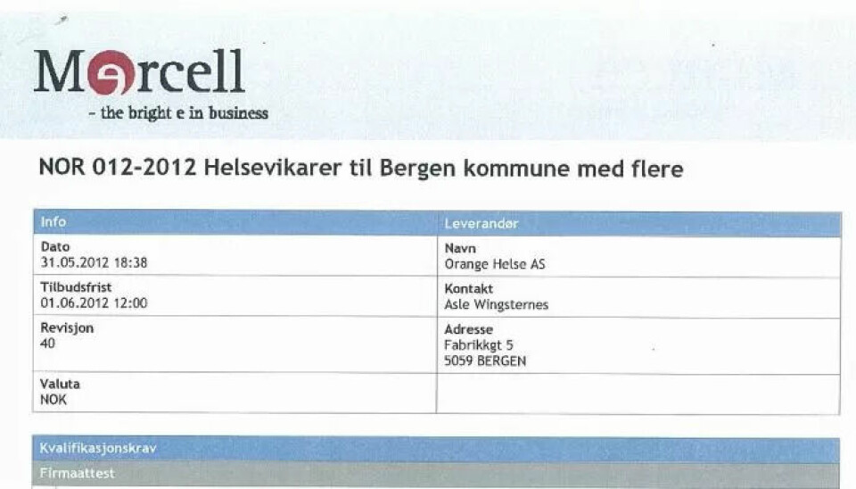 KONTRAKT: Skjermdumpet fra kontrakten mellom Bergen kommune og Orange Helse viser at Asle Wingsternes var oppført som kontaktperson for bemanningsbyrået. Samtidig som han jobbet i Orange, var han også medlem av Høyres bystyregruppe i Bergen som politiker. Høyre stemte for å gi Orange Helse kontrakte med Bergen kommune. KONTRAKT: Skjermdumpet fra kontrakten mellom Bergen kommune og Orange Helse viser at Asle Wingsternes var oppført som kontaktperson for bemanningsbyrået. Samtidig som han jobbet i Orange, var han også medlem av Høyres bystyregruppe i Bergen som politiker. Høyre stemte for å gi Orange Helse kontrakte med Bergen kommune.
