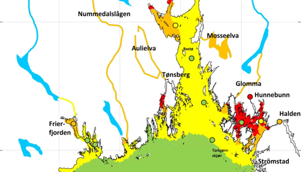 Kartet viser nitrogennivået i havoverflaten i Oslofjorden. Blått betyr lave verdier, deretter følger grønt, så gult, oransj og til slutt rødt. Kartet viser nitrogennivået i havoverflaten i Oslofjorden. Blått betyr lave verdier, deretter følger grønt, så gult, oransj og til slutt rødt.