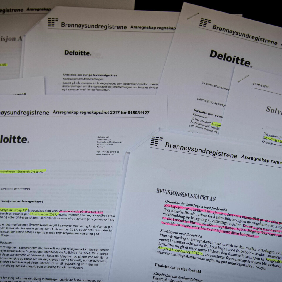 Skagerak-selskapene hadde totalt sett skyhøy gjeld, negativ egenkapital og omfattende rot i regnskapene i 2017. Regnskap for 2018 er ikke levert. Skagerak-selskapene hadde totalt sett skyhøy gjeld, negativ egenkapital og omfattende rot i regnskapene i 2017. Regnskap for 2018 er ikke levert.