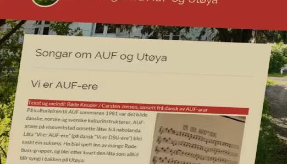 En av sidene på sangportalen '100 songar om AUF og Utøya' som åpnes i dag. En av sidene på sangportalen '100 songar om AUF og Utøya' som åpnes i dag.