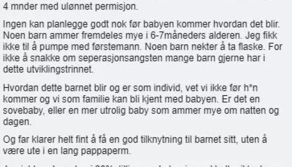 REAGERER: Unni Dyrvik Wisnes er en av mange som reagerer på ordningen med tredelt foreldrepermisjon. Hun har delt sin mening på Facebook-gruppa 'Permisjon burde foreldre fordele'. REAGERER: Unni Dyrvik Wisnes er en av mange som reagerer på ordningen med tredelt foreldrepermisjon. Hun har delt sin mening på Facebook-gruppa 'Permisjon burde foreldre fordele'.