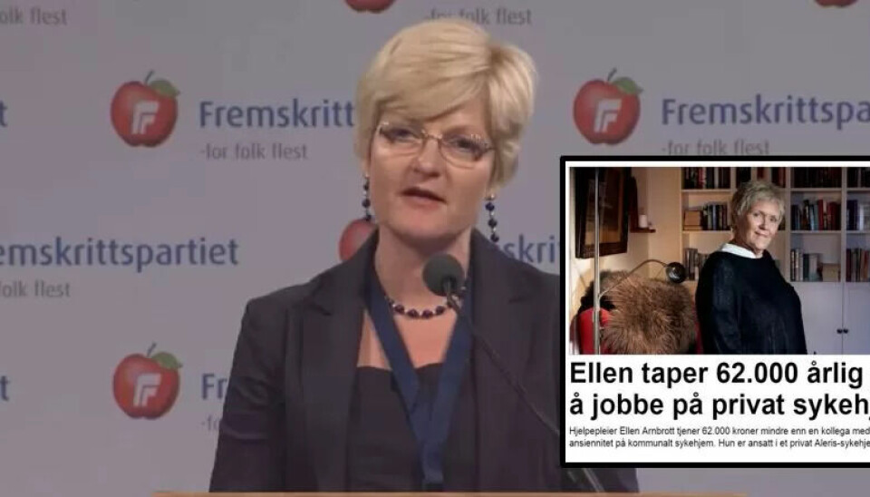 MARKEDET STYRER: Christel Birgitte Gundelach (Frp) sier FrP ikke har noen planer om tiltak for å redusere ulikhetene i lønn og pensjon mellom private og offentlige sykehjem. MARKEDET STYRER: Christel Birgitte Gundelach (Frp) sier FrP ikke har noen planer om tiltak for å redusere ulikhetene i lønn og pensjon mellom private og offentlige sykehjem.