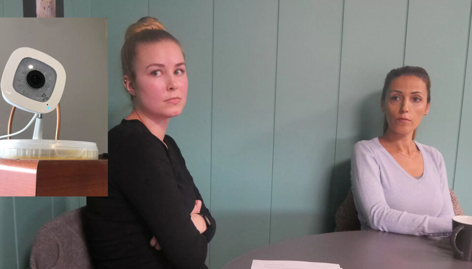KONLFIKT: Hudpleiere Ida Haddock Kristoffersen og Vanessa Carvalho er medlemmer i Fagforbundet. De mener sier deres tidligere sjef satte opp kameraet som vises i fotomontasjen på dette bildet etter en konflikt om tariffavtale. KONLFIKT: Hudpleiere Ida Haddock Kristoffersen og Vanessa Carvalho er medlemmer i Fagforbundet. De mener sier deres tidligere sjef satte opp kameraet som vises i fotomontasjen på dette bildet etter en konflikt om tariffavtale.