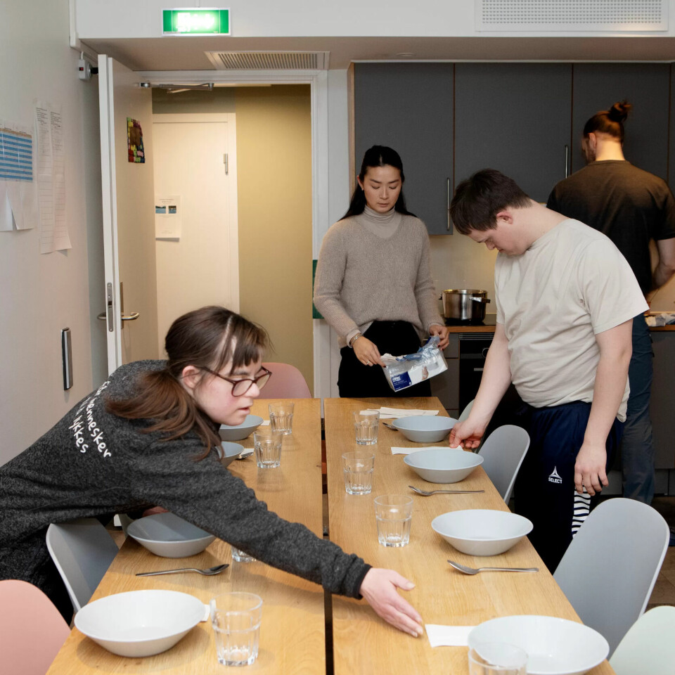 Snart klart: Siri og Helga passer på at alle får både skjeer og servietter til dagens vegetarmåltid i felleskjøkkenet. Bak står vernepleier Jenny Stubdal Røer og miljøterapeut Fagus Moss. Snart klart: Siri og Helga passer på at alle får både skjeer og servietter til dagens vegetarmåltid i felleskjøkkenet. Bak står vernepleier Jenny Stubdal Røer og miljøterapeut Fagus Moss.