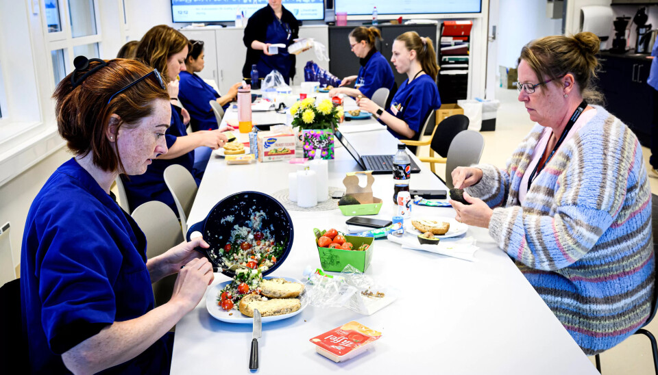 KJØKKENMØTER: Barbro Bakke (nærmest t.v.) spiser rester av hjemmelaget salat i matupausen. Ellen Cathrine Nordli (nærmest t.h.) koordinerer vaktene til dem som er ute. KJØKKENMØTER: Barbro Bakke (nærmest t.v.) spiser rester av hjemmelaget salat i matupausen. Ellen Cathrine Nordli (nærmest t.h.) koordinerer vaktene til dem som er ute.