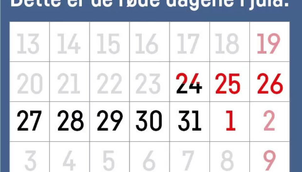 JOBBE I JULA?: Skal du jobbe i jula, kan denne kalenderen bli viktig. Litt av 24. desember, 25. og 26. desember og 1. januar er helligdager, mens 19. desember, 2. og 9. januar er vanlige søndager. JOBBE I JULA?: Skal du jobbe i jula, kan denne kalenderen bli viktig. Litt av 24. desember, 25. og 26. desember og 1. januar er helligdager, mens 19. desember, 2. og 9. januar er vanlige søndager.