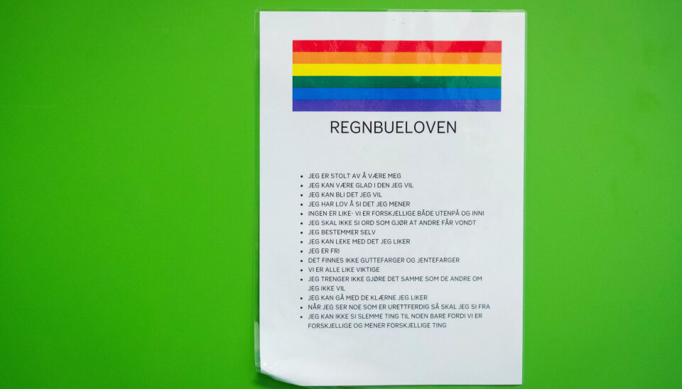 REGNBUELOV OG REGNBUEUKE: – Fordi regnbuen står for felles verdier og alt som er godt, sier leder Nina Hegge i Grorud idrettsbarnehage i Oslo. REGNBUELOV OG REGNBUEUKE: – Fordi regnbuen står for felles verdier og alt som er godt, sier leder Nina Hegge i Grorud idrettsbarnehage i Oslo.