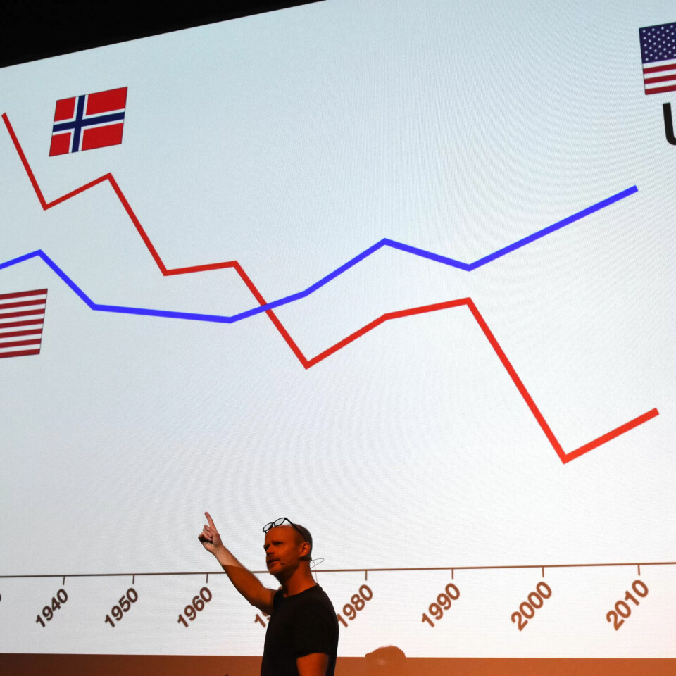 MINDRE ULIKHET: Harald Eia viser grafer og statistikker som underbygger budskapet.( Merk dippen opp fra 2000 til 2010). MINDRE ULIKHET: Harald Eia viser grafer og statistikker som underbygger budskapet.( Merk dippen opp fra 2000 til 2010).