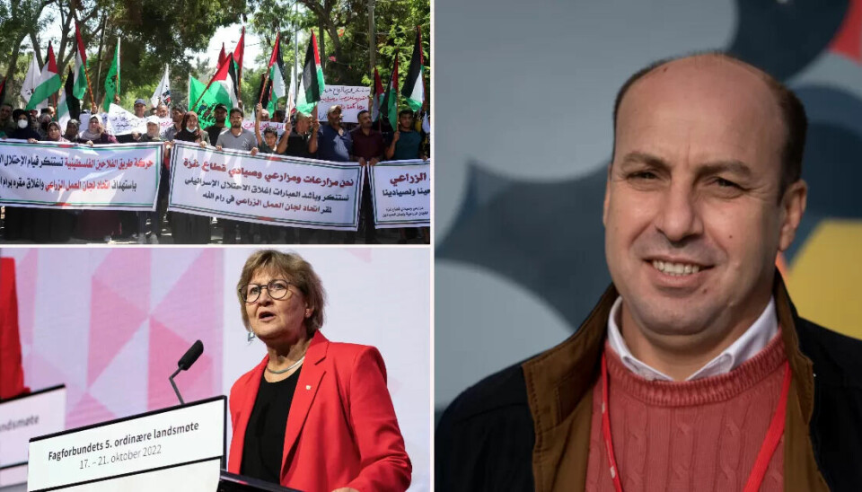 Oppe til venstre: Demonstrasjon i Gaza mot stengingen av Union of Agricultural Work (UAWC) hovedkvarter av israelske styrker i juli 2021. Nede til venstre: Fagforbundets leder Mette Nord på landsmøte. Til høyre: Saad Ziada fra UAWC under Fagforbundets landsmøte denne uka. Oppe til venstre: Demonstrasjon i Gaza mot stengingen av Union of Agricultural Work (UAWC) hovedkvarter av israelske styrker i juli 2021. Nede til venstre: Fagforbundets leder Mette Nord på landsmøte. Til høyre: Saad Ziada fra UAWC under Fagforbundets landsmøte denne uka.
