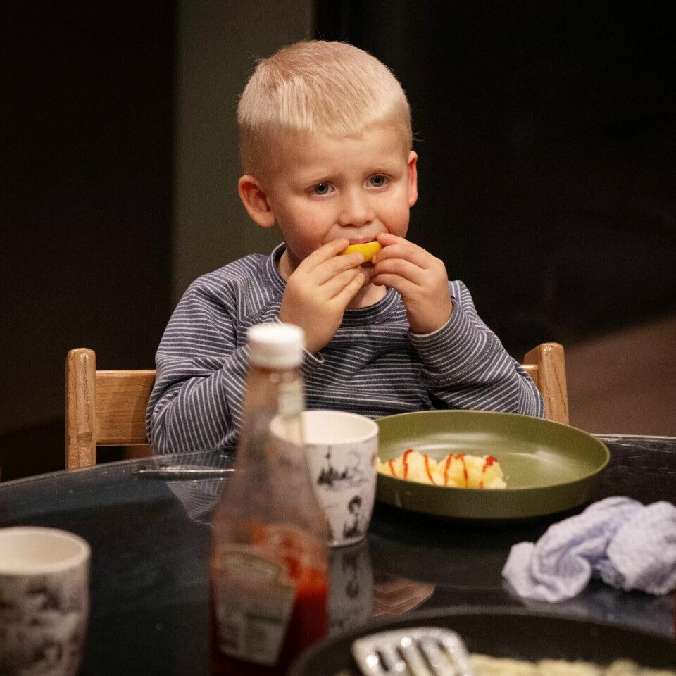 IKKE REDD FOR Å SMAKE: Vetle (4) tar en real bit av sitronen. Han liker mat med smak. Potetmosen får en sprut med smaksforsterker. IKKE REDD FOR Å SMAKE: Vetle (4) tar en real bit av sitronen. Han liker mat med smak. Potetmosen får en sprut med smaksforsterker.
