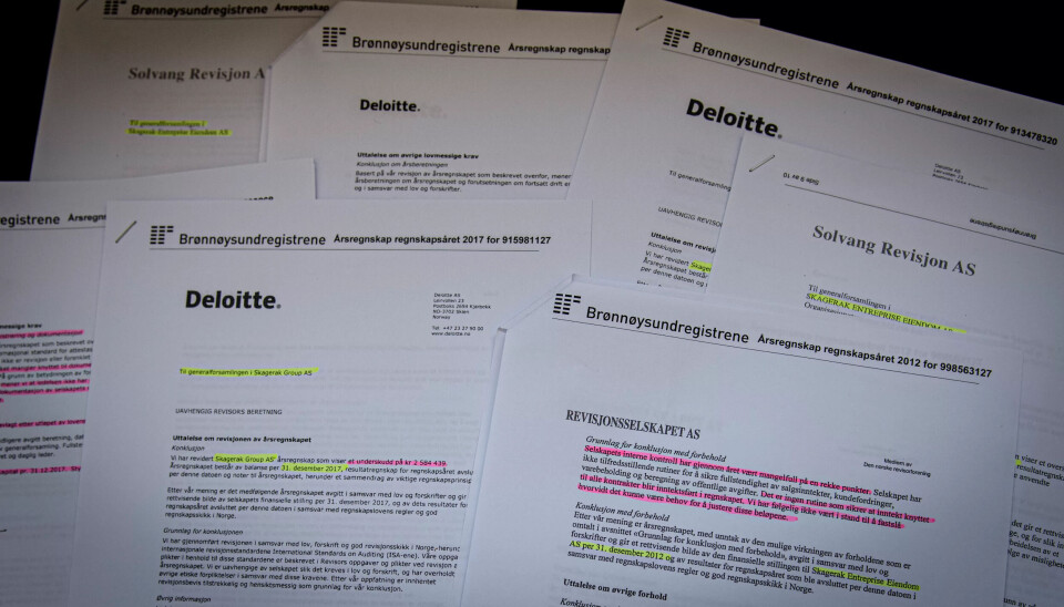 ANMERKNINGER: Revisorer fra Deloitte, Ernst & Young, Solvang Revisjon og Revisjonsselskapet AS har alle gitt Skagerak-selskapene anmerkninger for feil i regnskapene. ANMERKNINGER: Revisorer fra Deloitte, Ernst & Young, Solvang Revisjon og Revisjonsselskapet AS har alle gitt Skagerak-selskapene anmerkninger for feil i regnskapene.