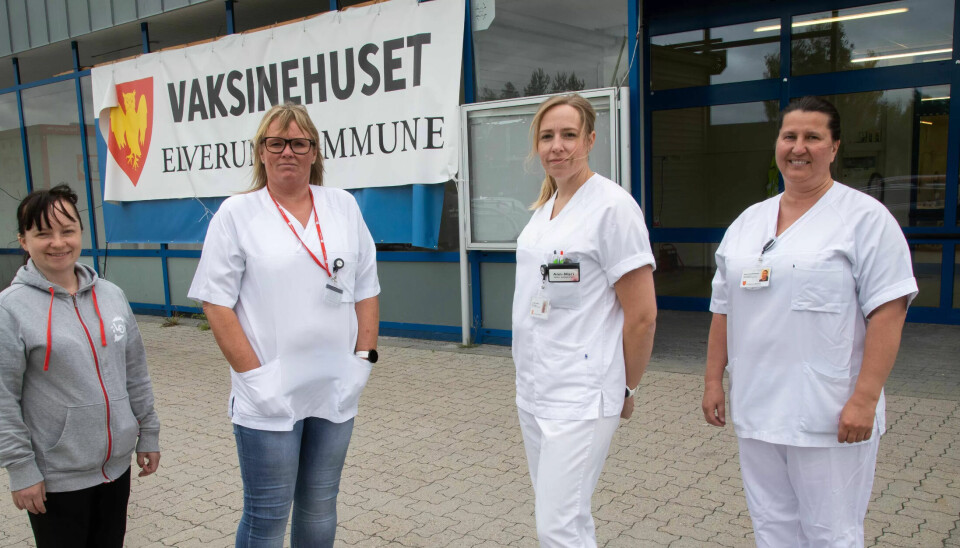 INNSATSTEAM: (F.v) Fagforbundet-medlemmene Jeanette E. Olsen, Gry Hjort, Ann-Mari Hanstad og Monica Frøhaug jobber til daglig som henholdsvis frikjøpt tillitsvalgt, administrativ medarbeider, sjukepleier og helsefagarbeider. I vår og sommer bidrar de til vaksineringen av befolkningen i Elverum. INNSATSTEAM: (F.v) Fagforbundet-medlemmene Jeanette E. Olsen, Gry Hjort, Ann-Mari Hanstad og Monica Frøhaug jobber til daglig som henholdsvis frikjøpt tillitsvalgt, administrativ medarbeider, sjukepleier og helsefagarbeider. I vår og sommer bidrar de til vaksineringen av befolkningen i Elverum.