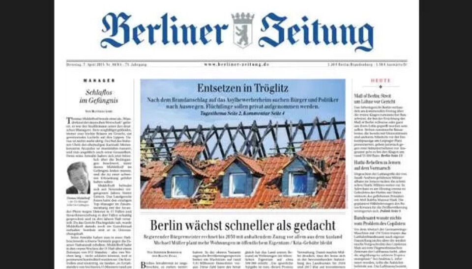 FAKSIMILE: Tyske aviser, som Berliner Zeitung, er alle preget av at nok et asylmottak er satt i brann av høyreekstreme grupper. FAKSIMILE: Tyske aviser, som Berliner Zeitung, er alle preget av at nok et asylmottak er satt i brann av høyreekstreme grupper.