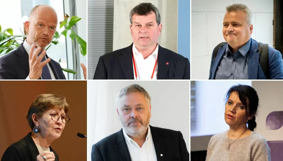 Ole Erik Almlid (adm.dir. NHO), Hans-Christian Gabrielsen (LO-leder), Jørn Eggum (forbundsleder Fellesforbundet), Mette Nord forbundsleder Fagforbundet, Erik Kollerud (YS-leder), Anne-Kari Bratten (adm.dir Spekter) Ole Erik Almlid (adm.dir. NHO), Hans-Christian Gabrielsen (LO-leder), Jørn Eggum (forbundsleder Fellesforbundet), Mette Nord forbundsleder Fagforbundet, Erik Kollerud (YS-leder), Anne-Kari Bratten (adm.dir Spekter)