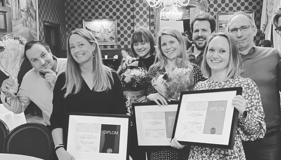 Deler av Fagbladets redaksjon var tilstede under prisutdelingen. (Fra venstre) Leif Martin Kirknes, redaktør Eva Ler Nilsen, Guro Gulstuen Nordhagen, Ida Søraunet Wangberg, Bjørn A. Grimstad, Marte Bjerke, Ola Tømmerås og nettredaktør Knut A. Nygaard. Deler av Fagbladets redaksjon var tilstede under prisutdelingen. (Fra venstre) Leif Martin Kirknes, redaktør Eva Ler Nilsen, Guro Gulstuen Nordhagen, Ida Søraunet Wangberg, Bjørn A. Grimstad, Marte Bjerke, Ola Tømmerås og nettredaktør Knut A. Nygaard.