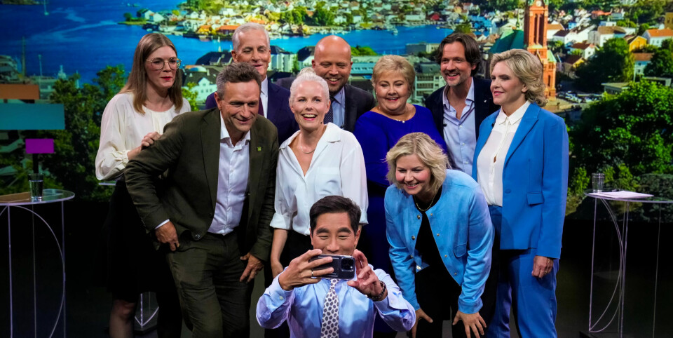 GOD STEMNING: Partilederne med NRK-profil Fredrik Solvang under Arendalsuka i august. GOD STEMNING: Partilederne med NRK-profil Fredrik Solvang under Arendalsuka i august.