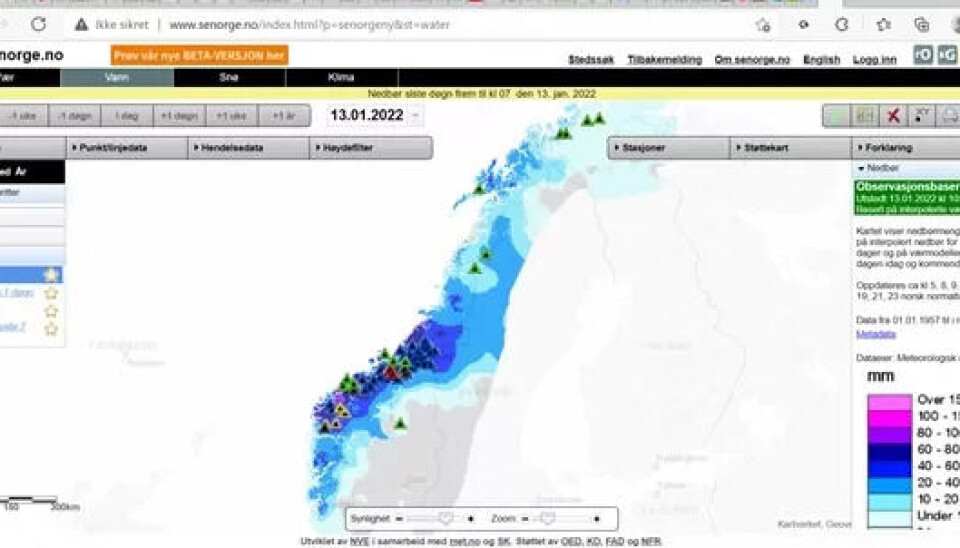 FARE: NVEs nedbørskart med oversikt over flom-, jordras-, snøras og steinras-fare. FARE: NVEs nedbørskart med oversikt over flom-, jordras-, snøras og steinras-fare.