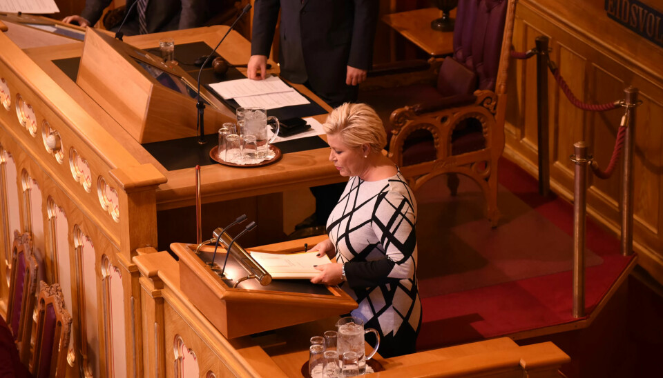 Finansminister Siv Jensens statsbudsjett med omfattende skatteletter for de rike, ifølge økonom (her fra framleggelsen av statsbudsjettet i 2015). Finansminister Siv Jensens statsbudsjett med omfattende skatteletter for de rike, ifølge økonom (her fra framleggelsen av statsbudsjettet i 2015).