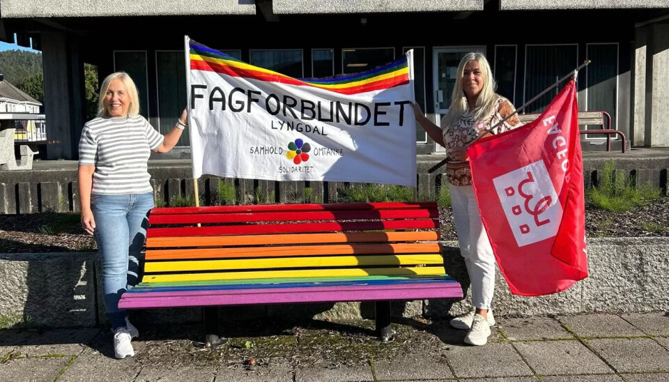 – TOLERANSE: Siv Andreassen (til venstre) og Tone Sommerseth heisar flagga og viser kva tenkjer om regnbogeflagg-debatten i Lyngdal kommune. – TOLERANSE: Siv Andreassen (til venstre) og Tone Sommerseth heisar flagga og viser kva tenkjer om regnbogeflagg-debatten i Lyngdal kommune.