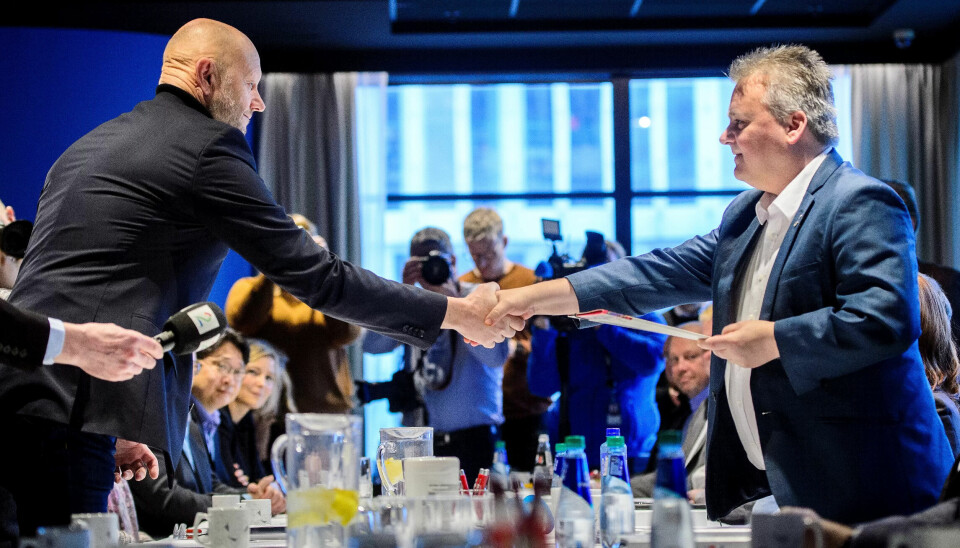Leder Stein Lier-Hansen i Norsk Industri (t.v.) og leder Jørn Eggum i Fellesforbundet Leder Stein Lier-Hansen i Norsk Industri (t.v.) og leder Jørn Eggum i Fellesforbundet